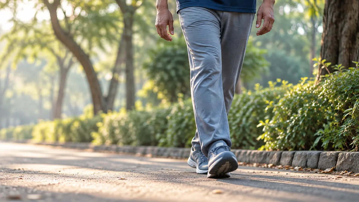 A person walking along a tree-lined park path, seen from the waist down