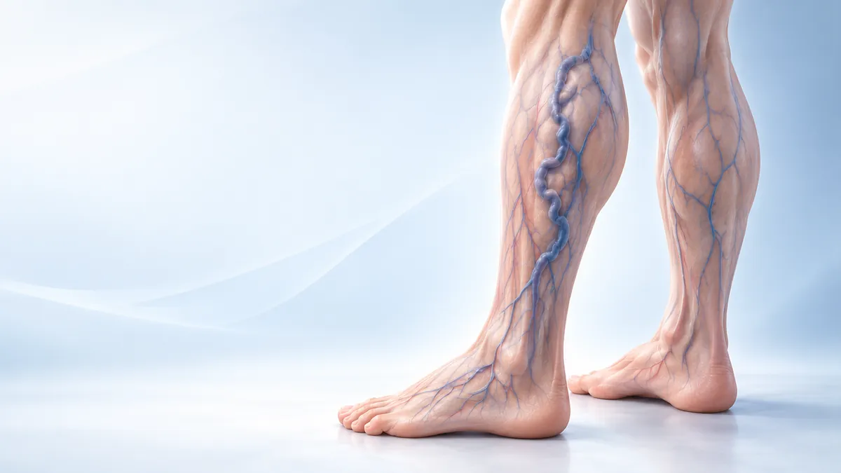 Illustration of lower legs with a twisted, bulging varicose vein on one calf