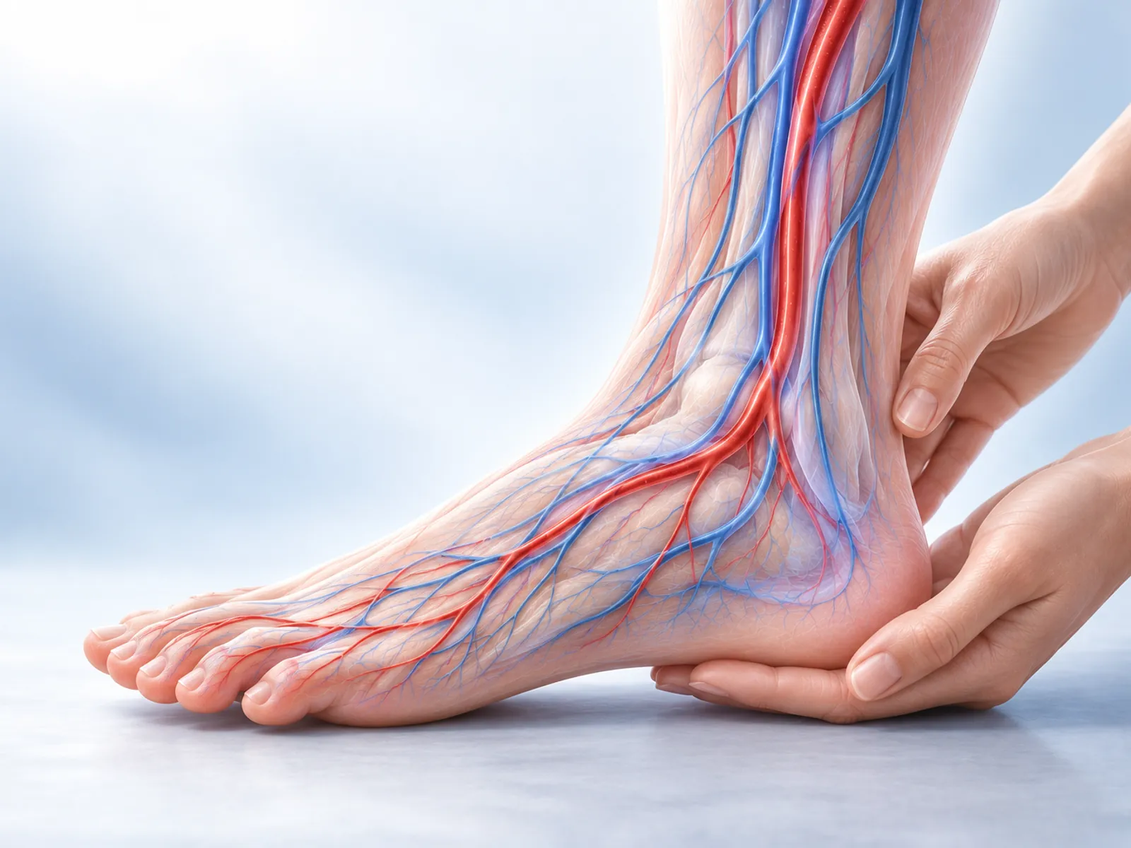 Illustration of the arteries and veins of the foot, with two hands supporting the heel